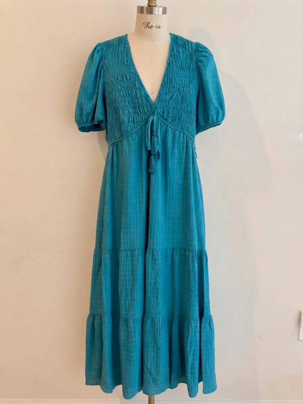 Taylor Teal Turquoise Smocked Tiered Midi Maxi Dress M Puff Sleeve V-Neck
